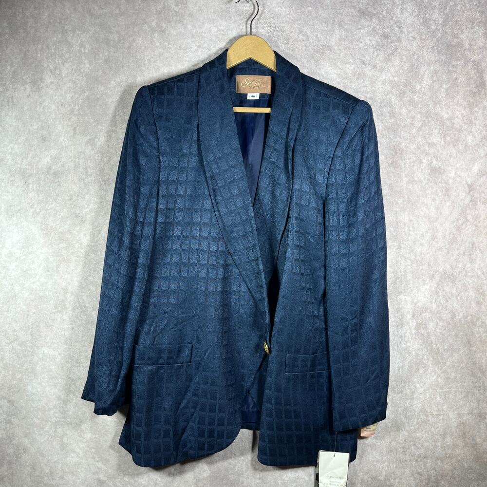 Vintage Saville II Blazer Suit Womens 14W Navy Blue Checkered One-Button‎ NEW